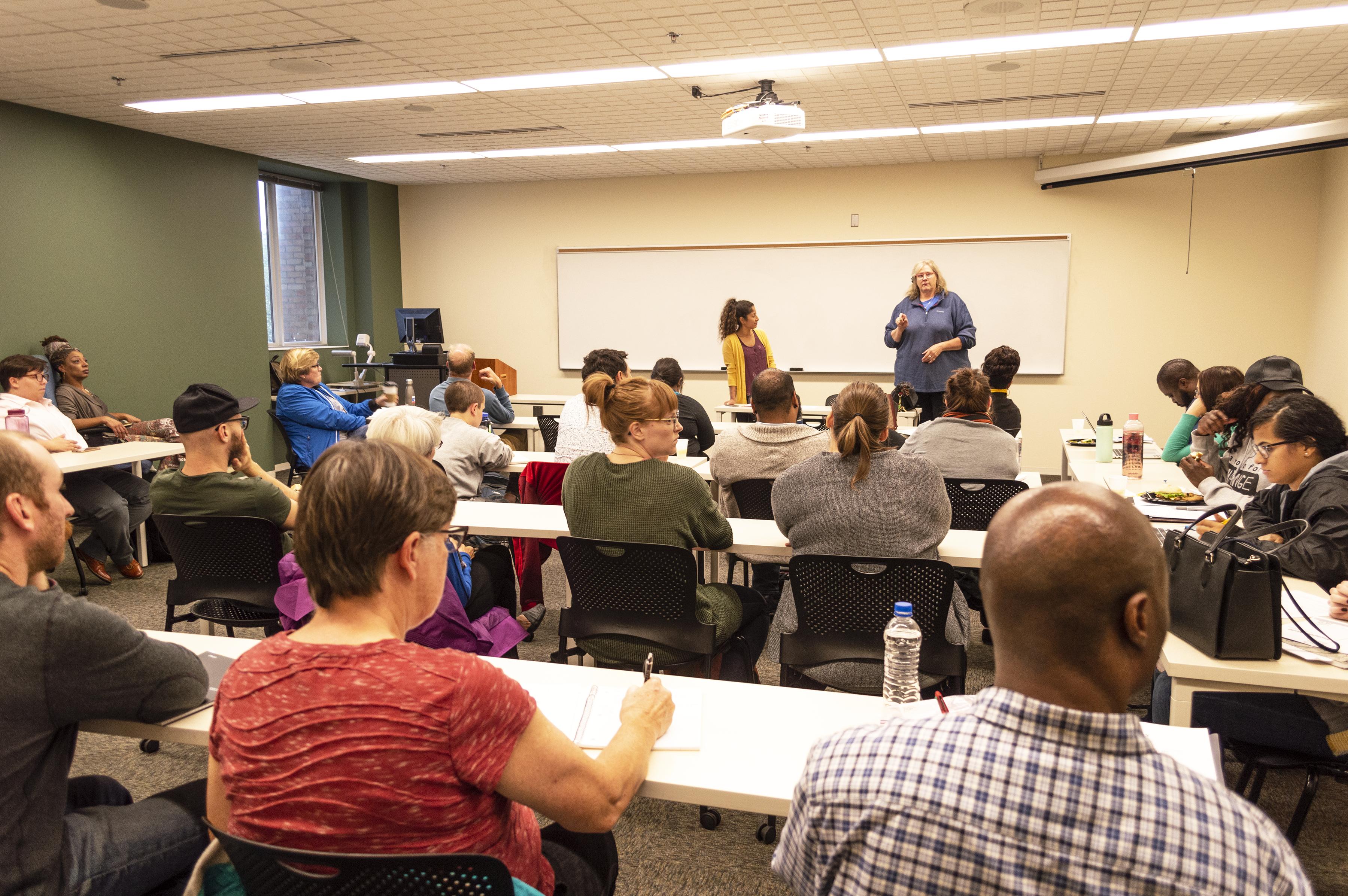 On Stage visits Metro State’s St. Paul campus Friday, September 13. On Stage Adviser Nora Montanez and Teaching Artist Wendy Knox introduced the play “Escaped Alone” by British playwright Caryl Churchill. (Mandy Hathaway / The Metropolitan)