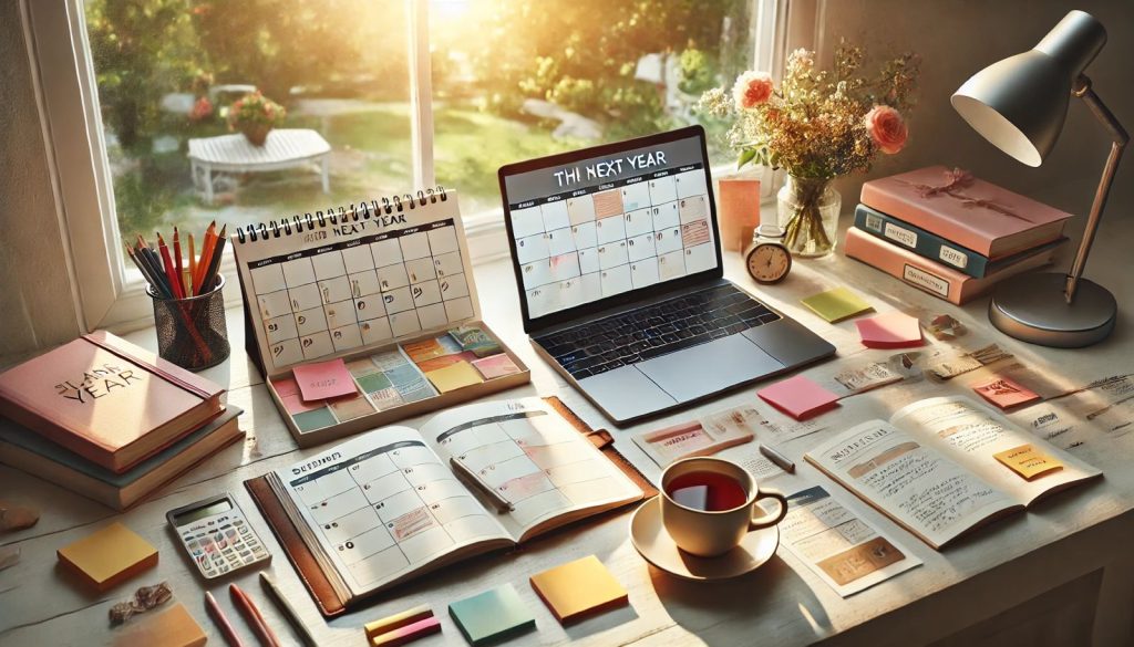 Office desk with notes and notebook