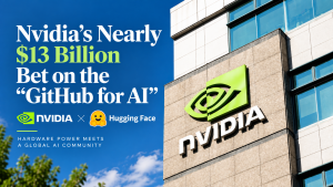 Editorial graphic showing Nvidia headquarters alongside Nvidia and Hugging Face branding for Nvidia’s nearly $13 billion acquisition of Hugging Face.