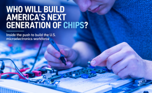 A student uses a probe tool to test components on a circuit board and breadboard during an electronics project.